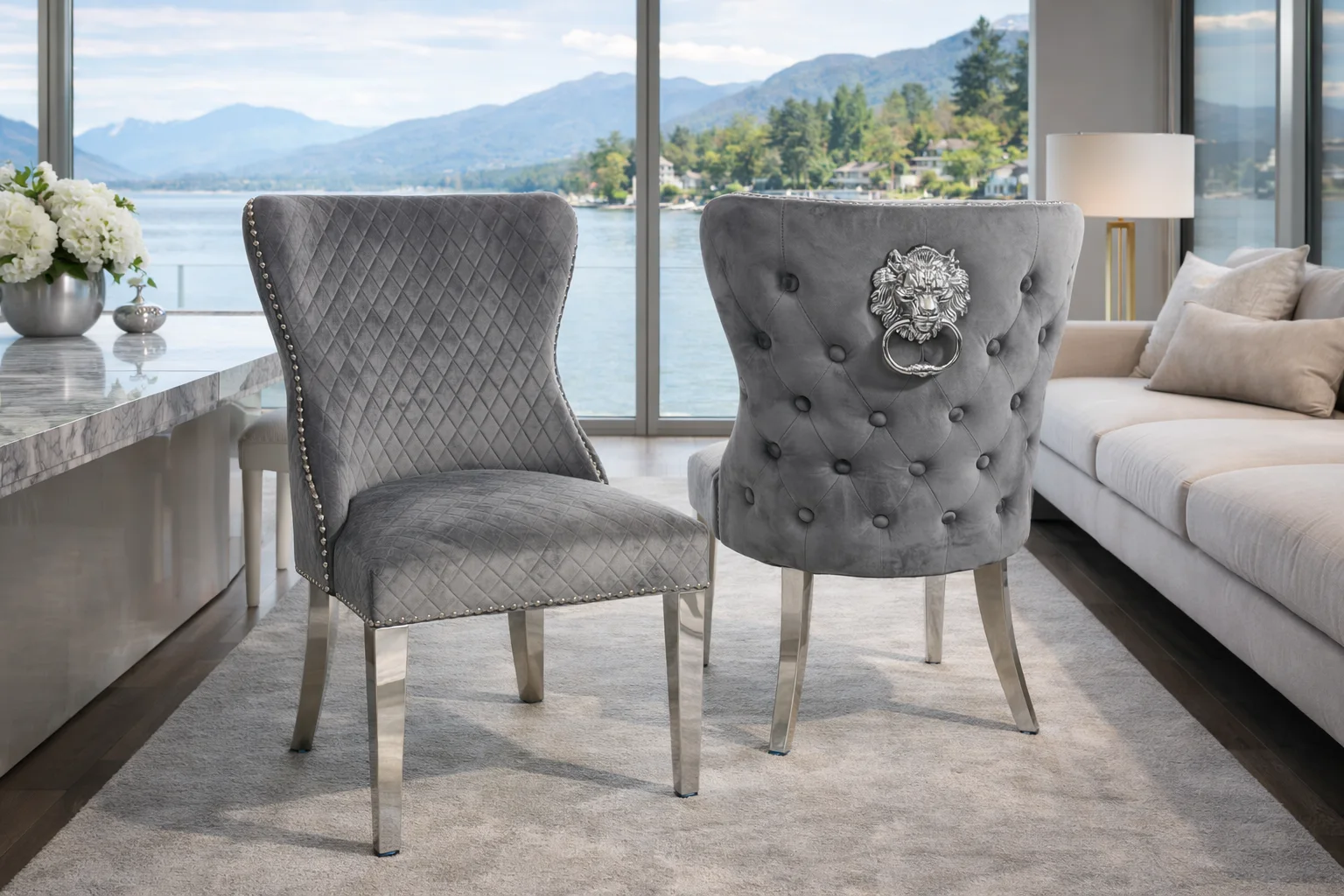 Lewis 01 Plush Dark Grey Chair (Lion Knocker/Chrome Legs)