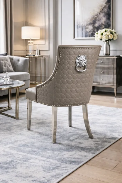 Roma PU Light Grey Chair (Lion Knocker/Chrome Legs)