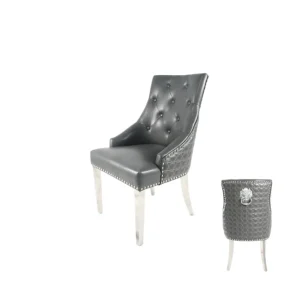 Roma PU Dark Grey Chair (Lion Knocker/Chrome Legs)